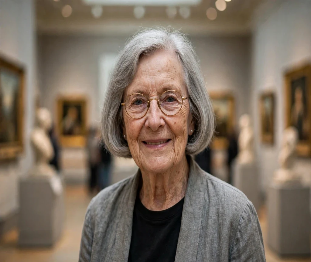 White woman in her mid seventies with a gray classic French bob wearing small round vintage-style glasses in a museum