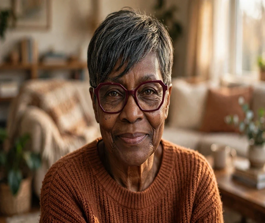 Black woman in her late sixties with a tapered short pixie with a long fringe wearing burgundy geometric glasses in a living room