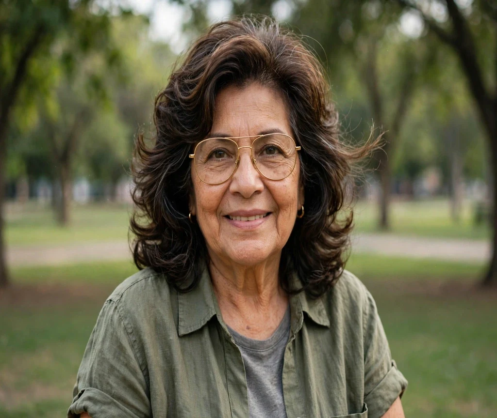 Latina woman in her early sixties with brunette bouncy blowout layers wearing gold aviator-style glasses in a park