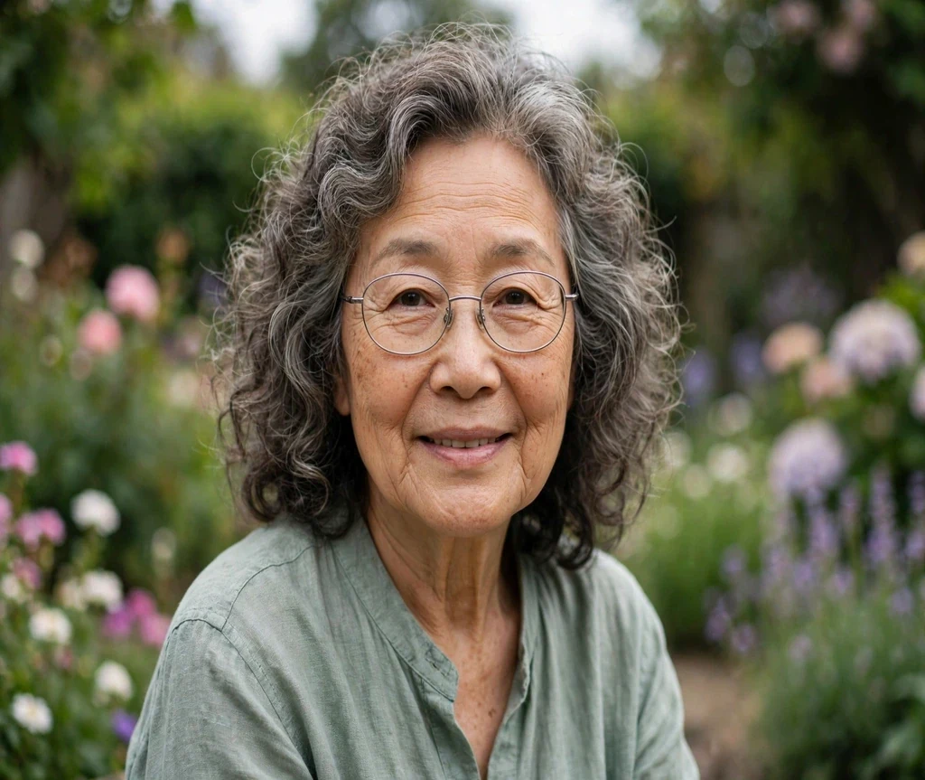 East Asian woman in her late sixties with soft permed curls wearing thin silver oval glasses in a garden