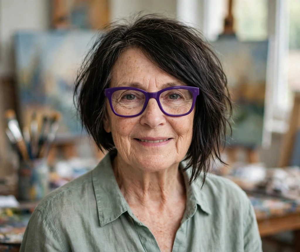 White woman in her early sixties with a dark asymmetrical bob wearing chunky purple glasses in an art studio