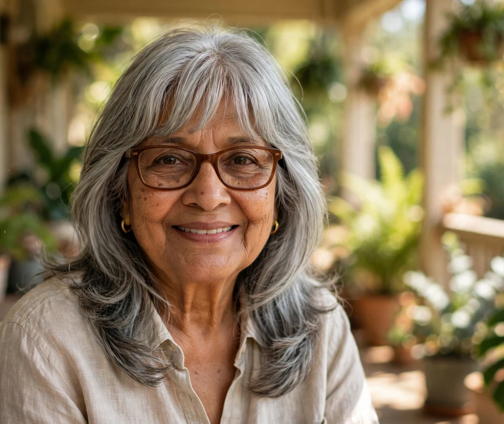 South Asian woman in her early seventies with long silver layers and curtain bangs wearing rectangular brown glasses on a veranda