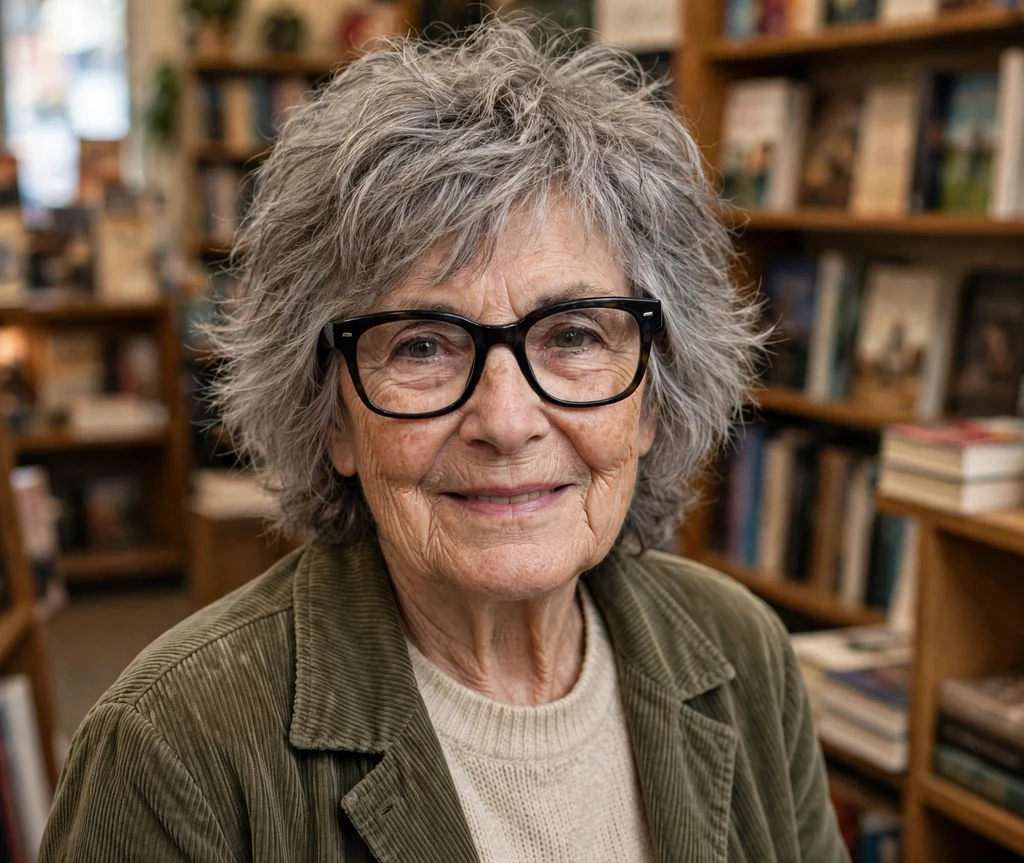 White woman in her late sixties with a gray textured shag haircut wearing chunky dark-framed glasses in a bookstore