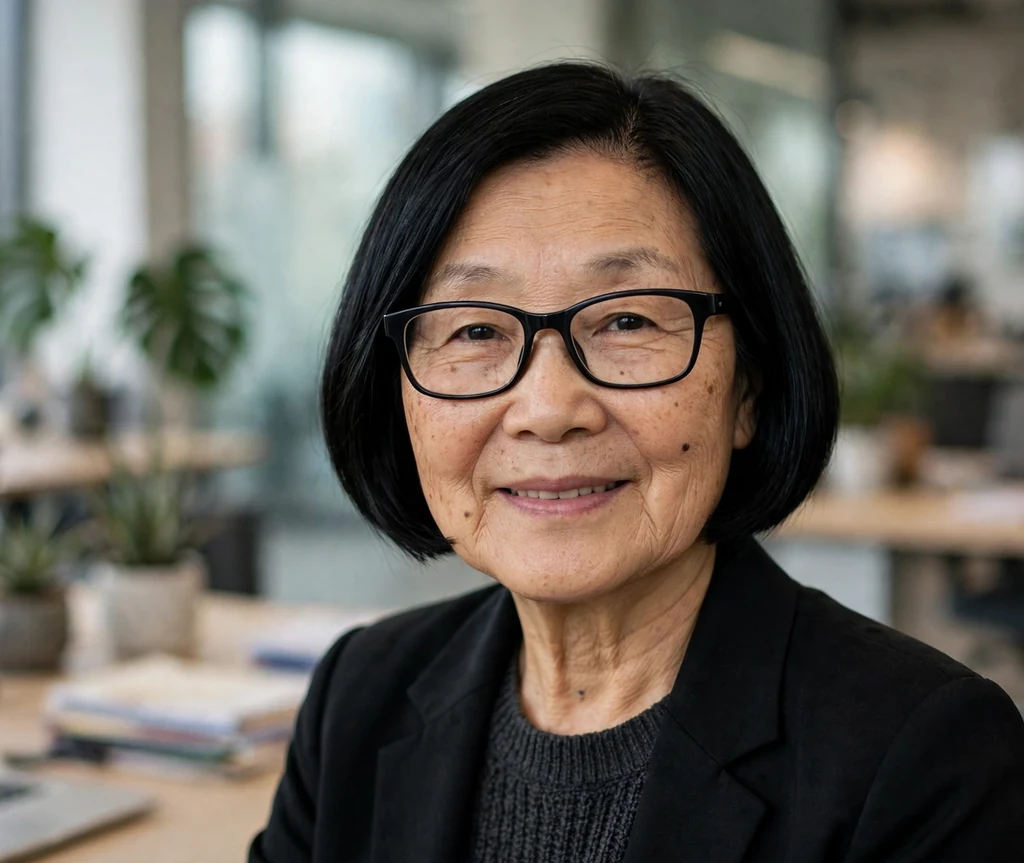 East Asian woman in her mid sixties with a sleek black pageboy bob wearing black rectangular glasses in an office