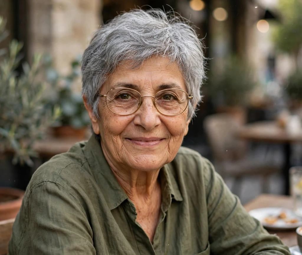 Middle Eastern woman in her early sixties with a gray wispy pixie-bob haircut wearing gold oval glasses at a cafe