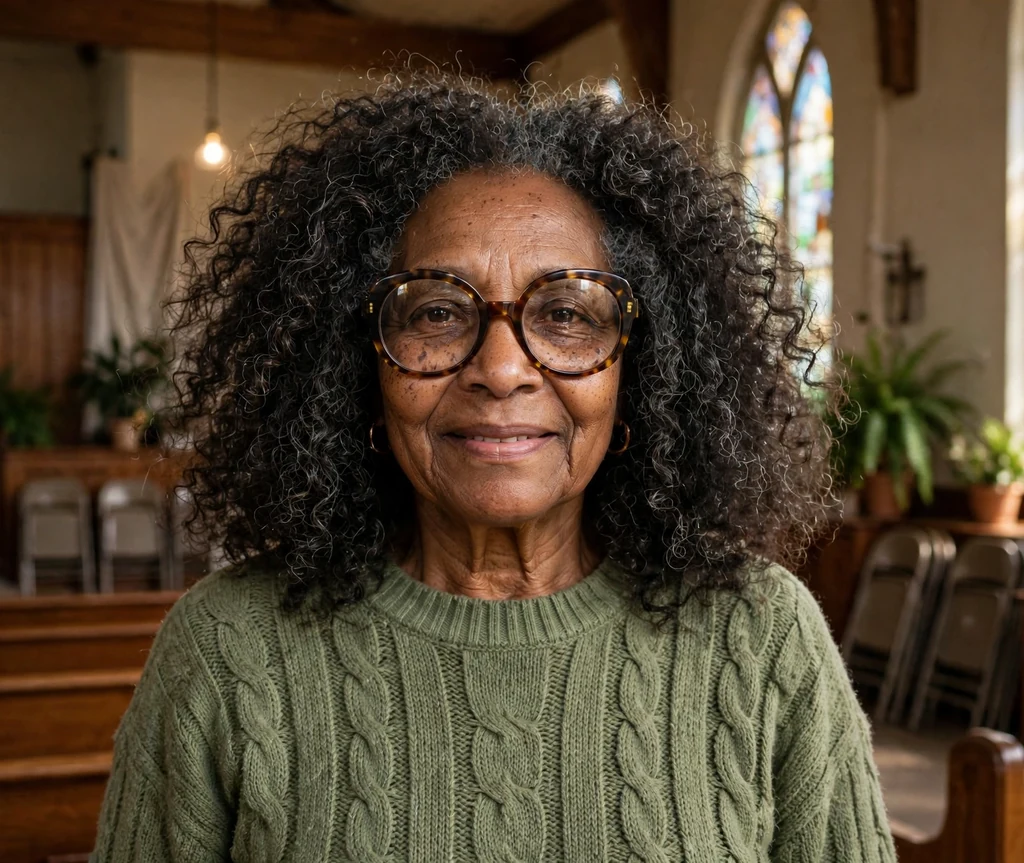 Black woman in her mid sixties with voluminous natural shoulder-length curls wearing oversized round glasses in a church hall