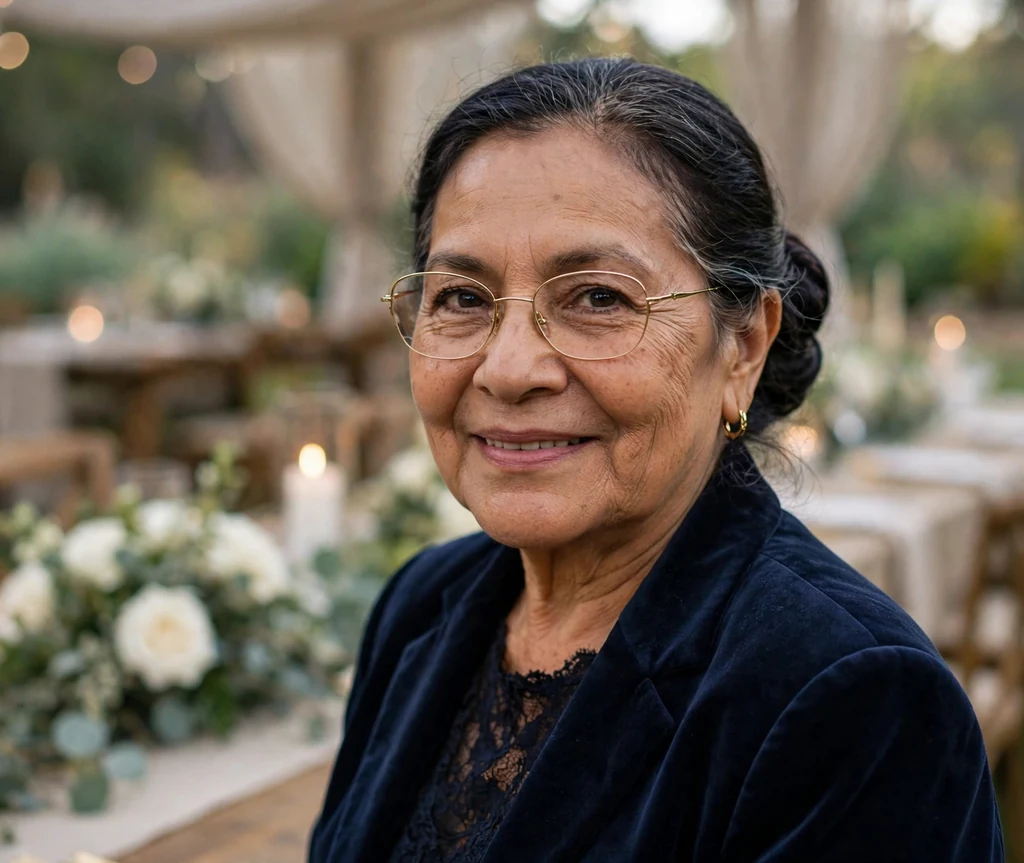 Latina woman in her late sixties with an elegant dark low bun wearing delicate thin gold glasses at a wedding venue
