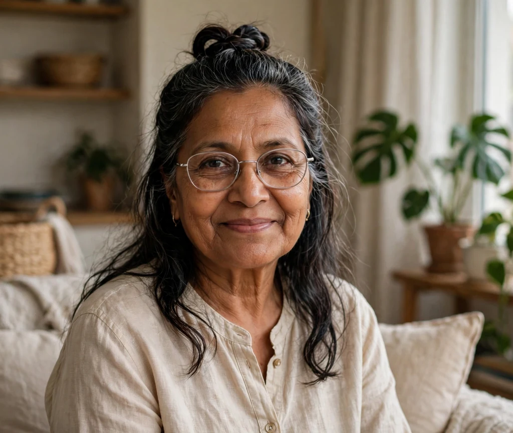 South Asian woman in her early sixties with dark hair in a half-up twist wearing silver-rimmed glasses at home indoors