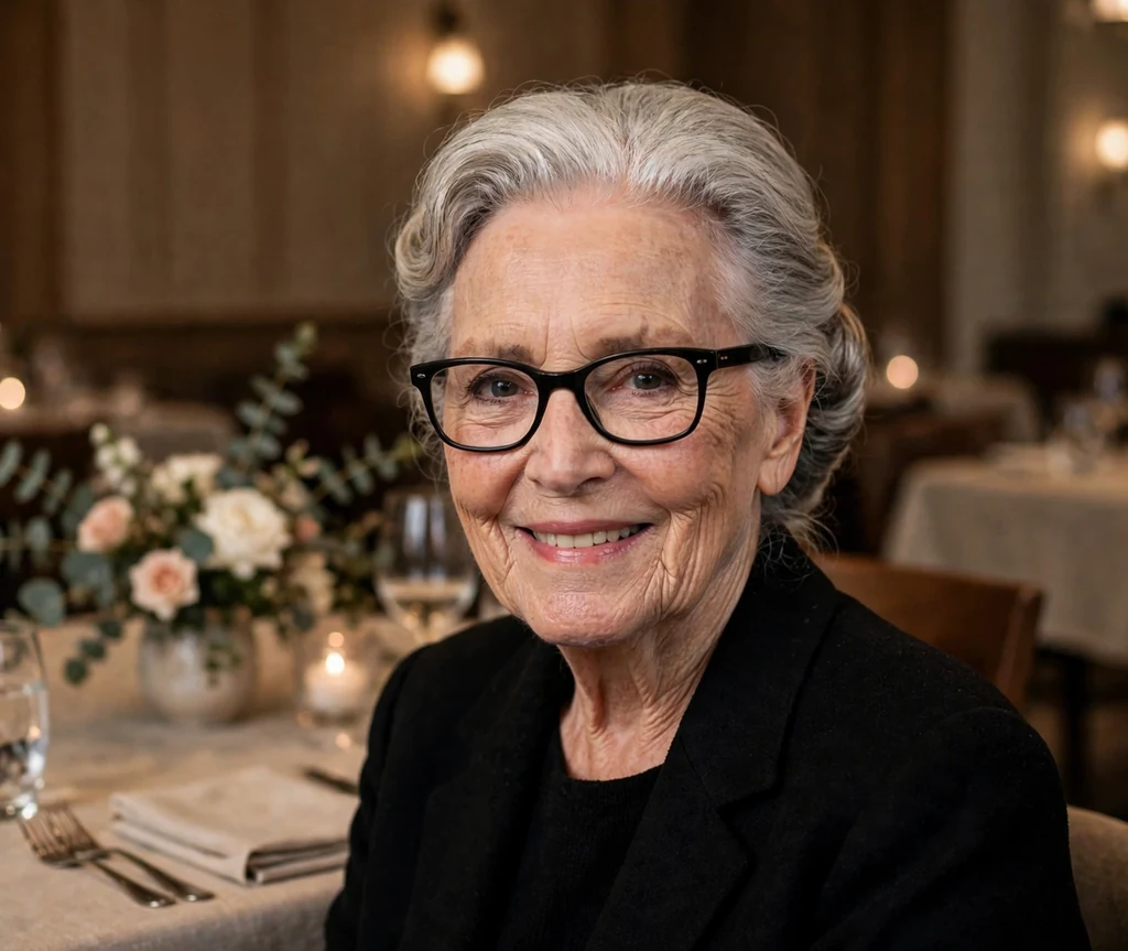 White woman in her early seventies with a silver sophisticated chignon wearing classic black glasses at a formal dinner