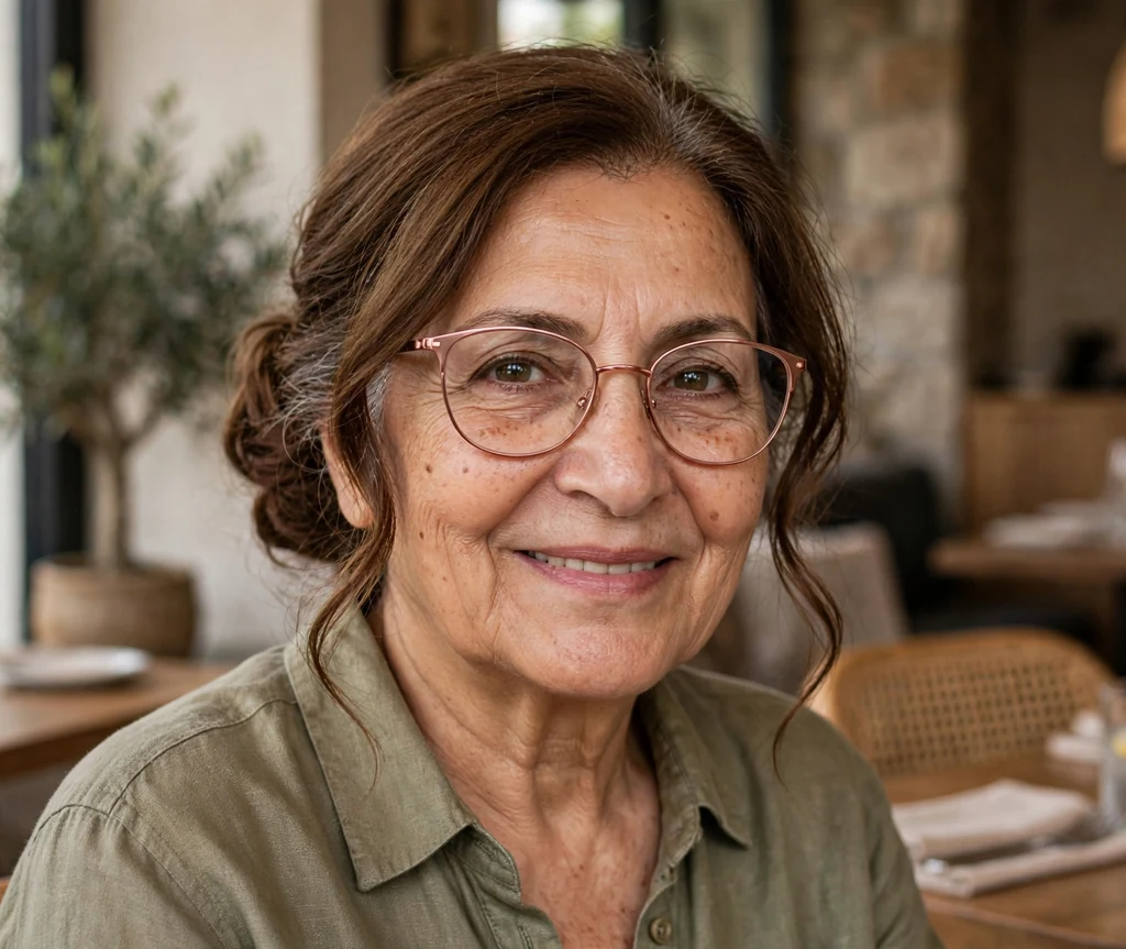 Middle Eastern woman in her mid sixties with a loose chestnut chignon and face-framing tendrils wearing rose-gold glasses in a restaurant
