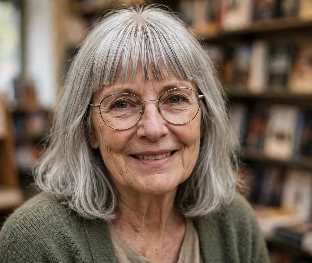White woman in her early sixties with silver straight-across bangs and shoulder-length hair wearing round glasses in a bookstore
