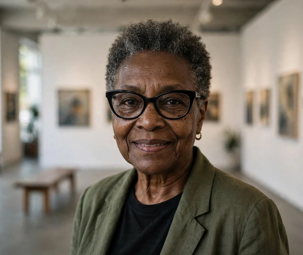 Black woman in her early sixties with tapered natural curls wearing cat-eye glasses in an art gallery