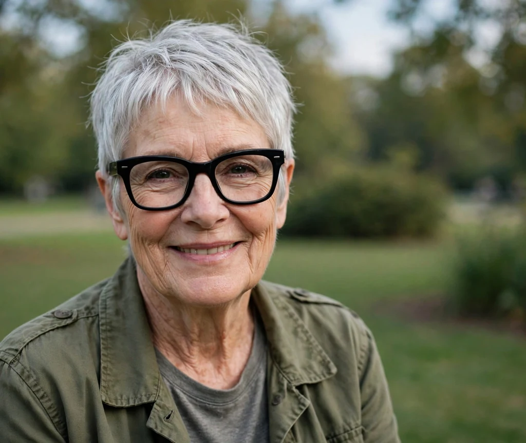 White woman in her late sixties with a silver pixie cut wearing bold thick black glasses in a park