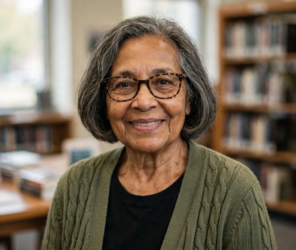 Mixed-race woman in her early seventies with a salt-and-pepper bob wearing tortoise-shell glasses in a library