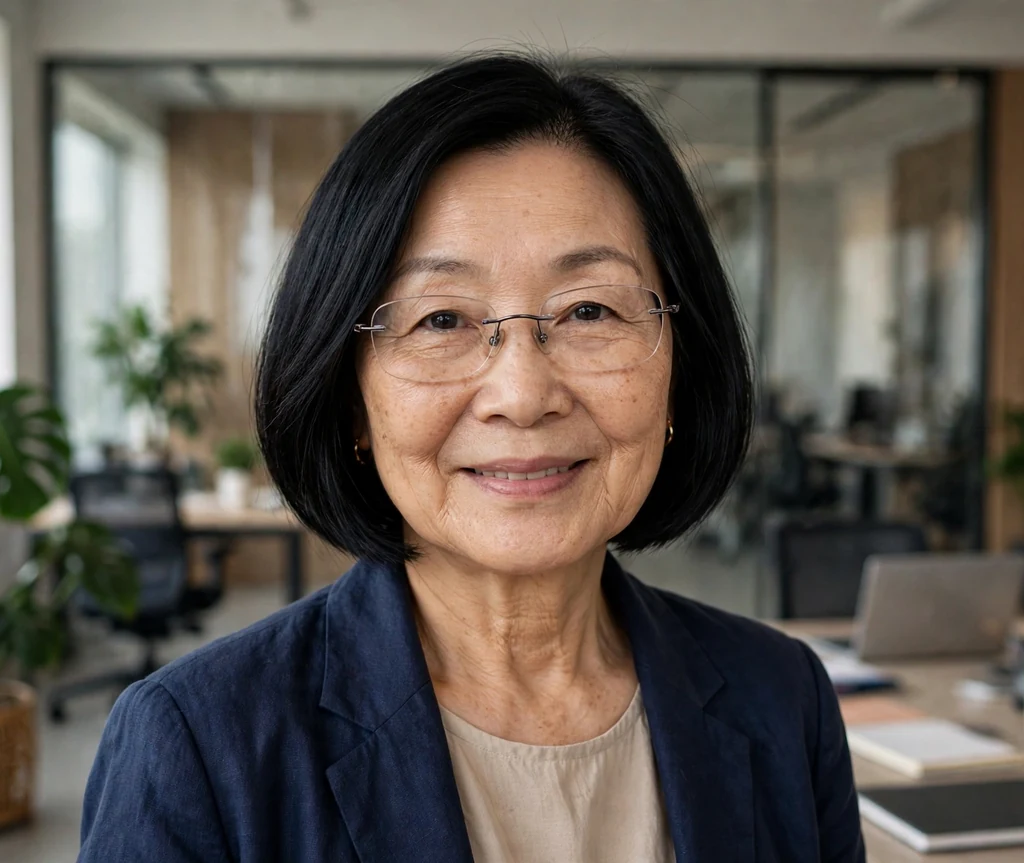 East Asian woman in her mid sixties with a sleek black chin-length bob wearing rimless glasses in a modern office