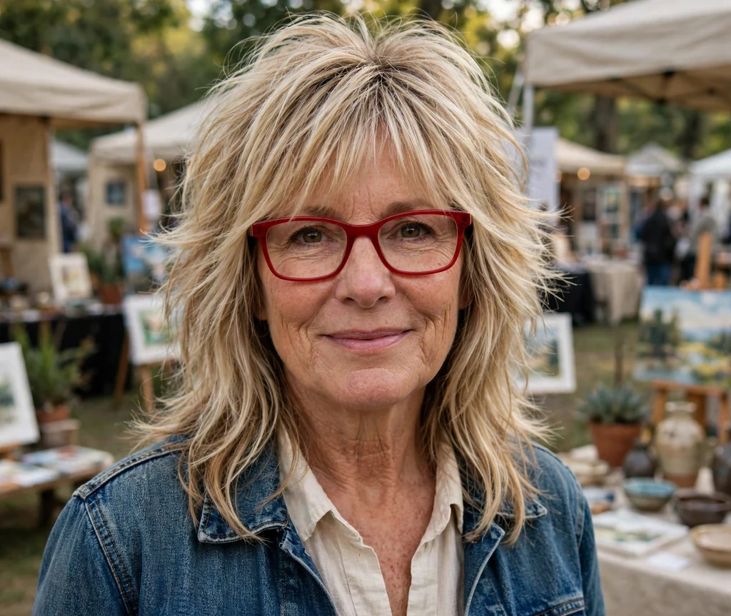 White woman in her late fifties with a blonde layered shag haircut wearing red rectangular glasses at an outdoor art fair