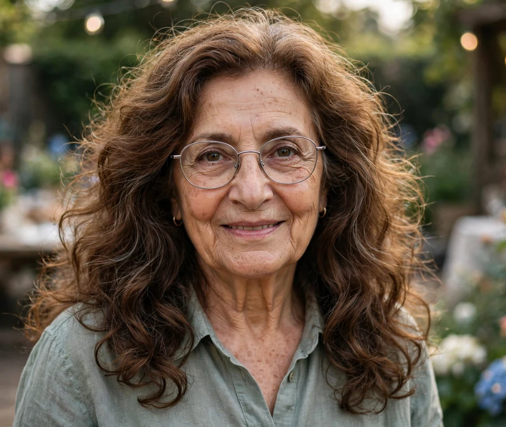 Middle Eastern woman in her early seventies with soft chestnut waves wearing silver metal glasses at a garden party