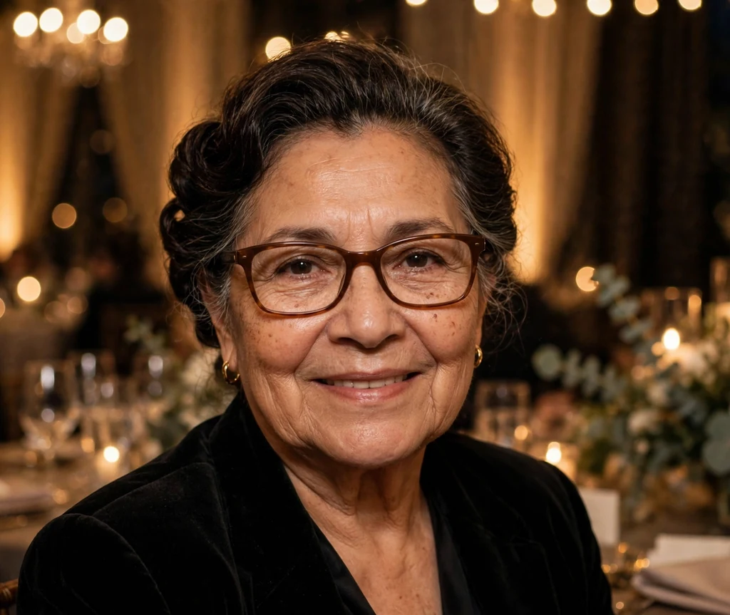 Latina woman in her mid sixties with a classic dark updo wearing brown rectangular glasses at a formal evening event
