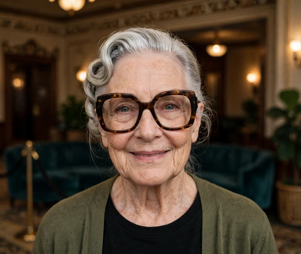 White woman in her late sixties with a silver French twist wearing oversized statement glasses in a theater lobby