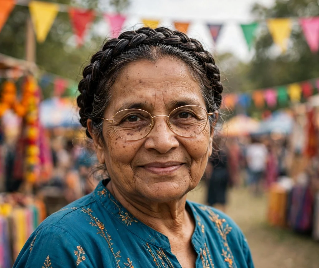 South Asian woman in her late sixties with a dark braided crown wearing thin gold glasses at an outdoor festival