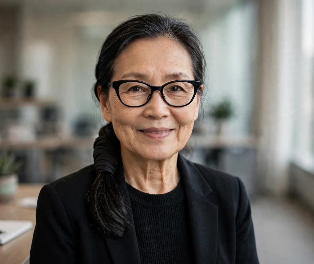 East Asian woman in her early sixties with a sleek low ponytail with a wrapped base wearing black cat-eye glasses in an office