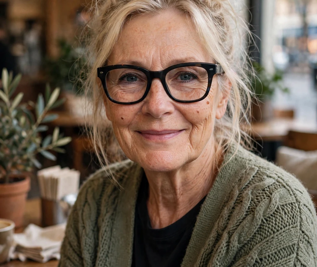 White woman in her mid sixties with a blonde messy bun wearing chunky dark-framed glasses in a cozy coffee shop