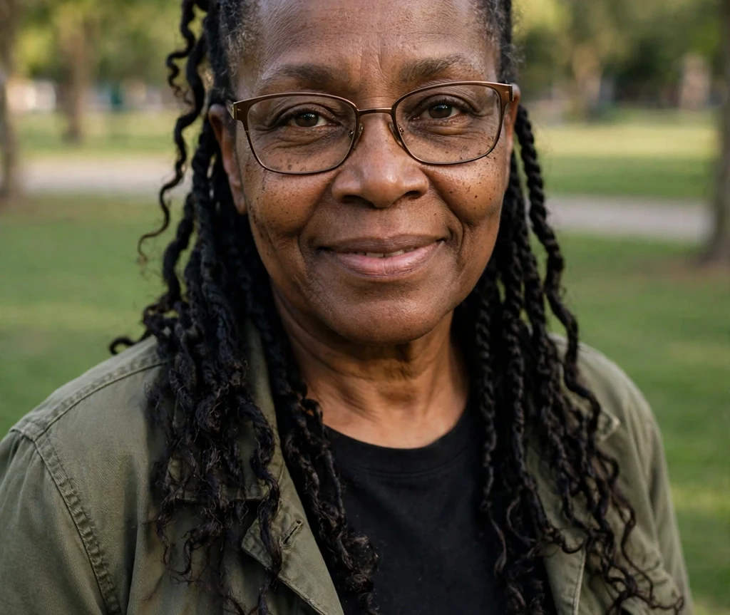 Black woman in her late fifties with a dark twisted half-updo wearing bronze rectangular glasses in a park