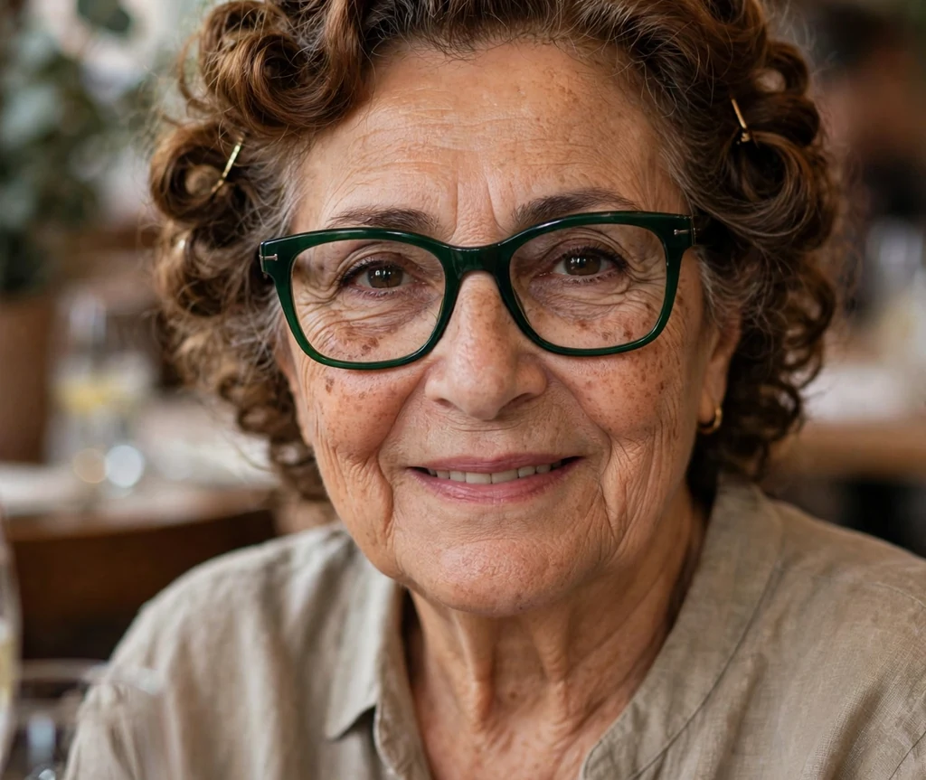 Middle Eastern woman in her mid sixties with pinned-back chestnut curls wearing deep emerald-green glasses in a restaurant dinner