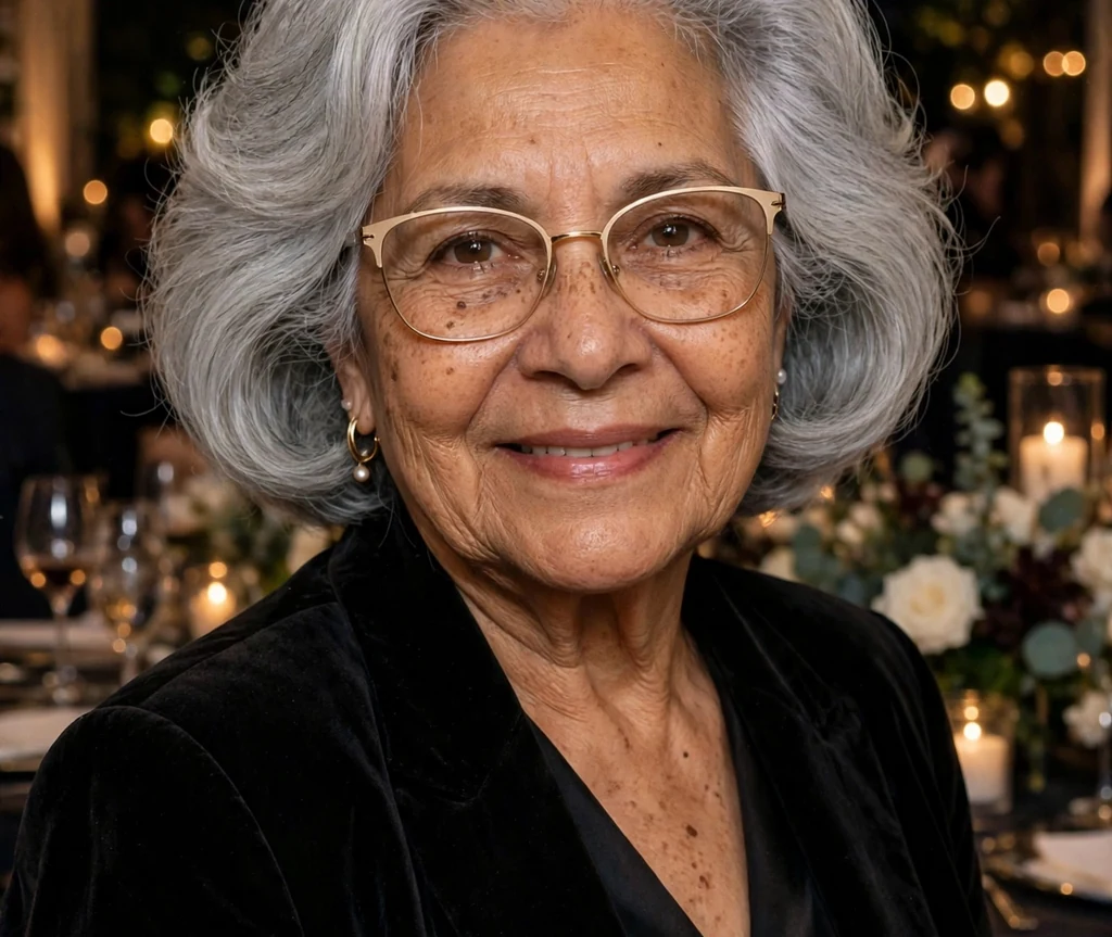 Latina woman in her early seventies with a voluminous silver blowout bob wearing champagne-gold glasses at an evening event