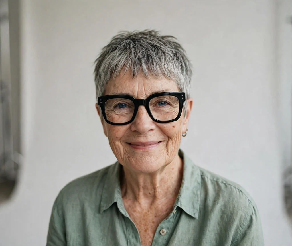White woman in her early sixties with a gray textured crop and short bangs wearing thick square black glasses in a photo studio