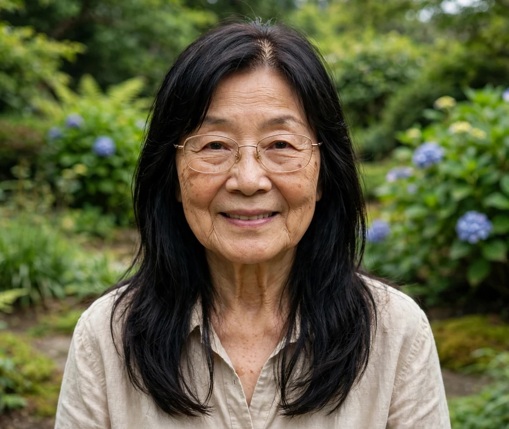 East Asian woman in her late sixties with long straight black layers and a center part wearing thin gold glasses in a garden