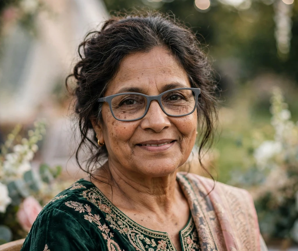 South Asian woman in her mid sixties with a romantic loose dark updo wearing gray rectangular glasses at a wedding as a guest