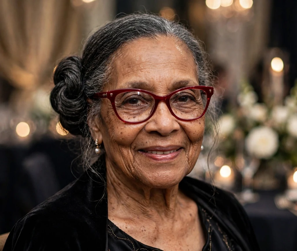 Black woman in her mid seventies with an elegant dark side bun wearing deep red cat-eye glasses at a formal gala