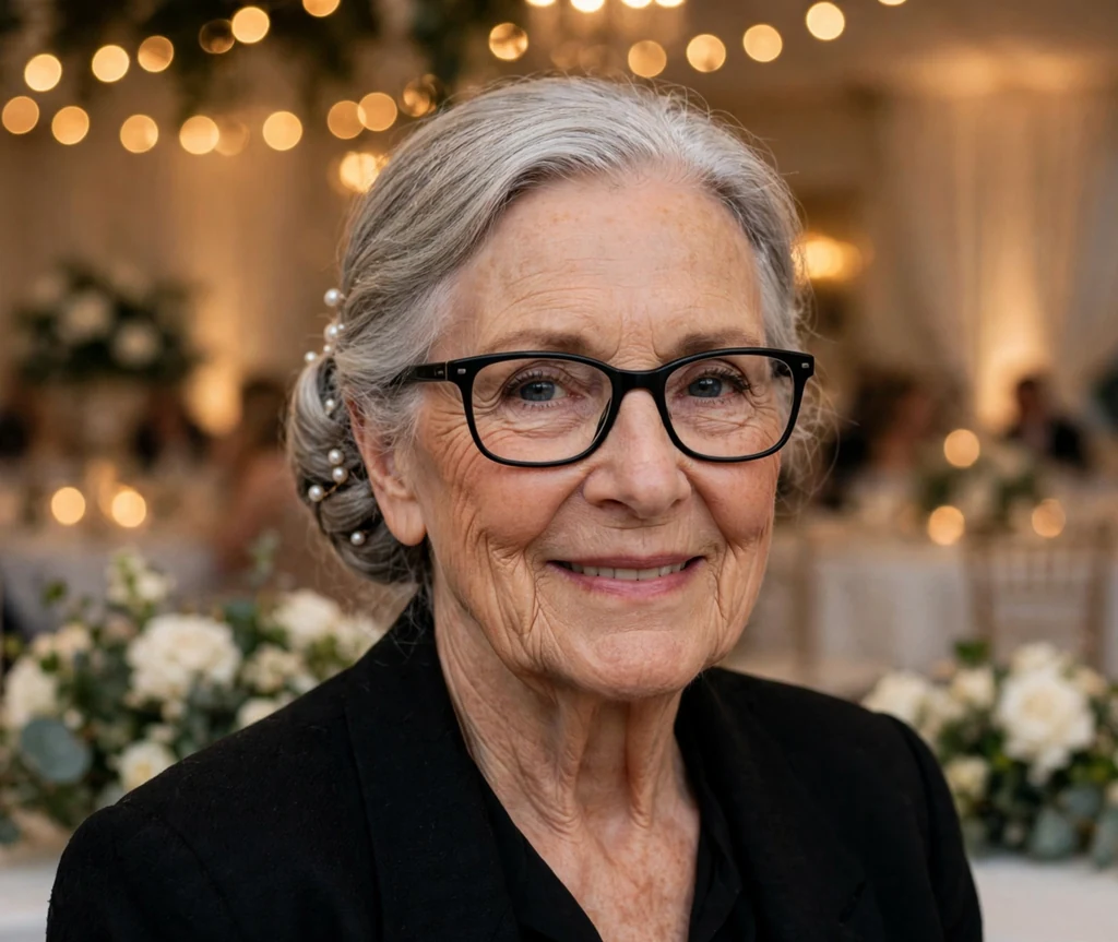 White woman in her early seventies with a silver low chignon decorated with small pearl pins wearing classic black glasses at a wedding venue