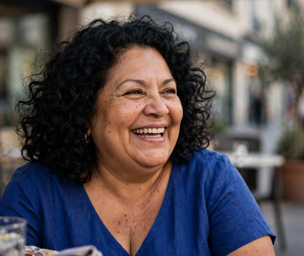 Voluminous curly lob on a plus size woman over 50