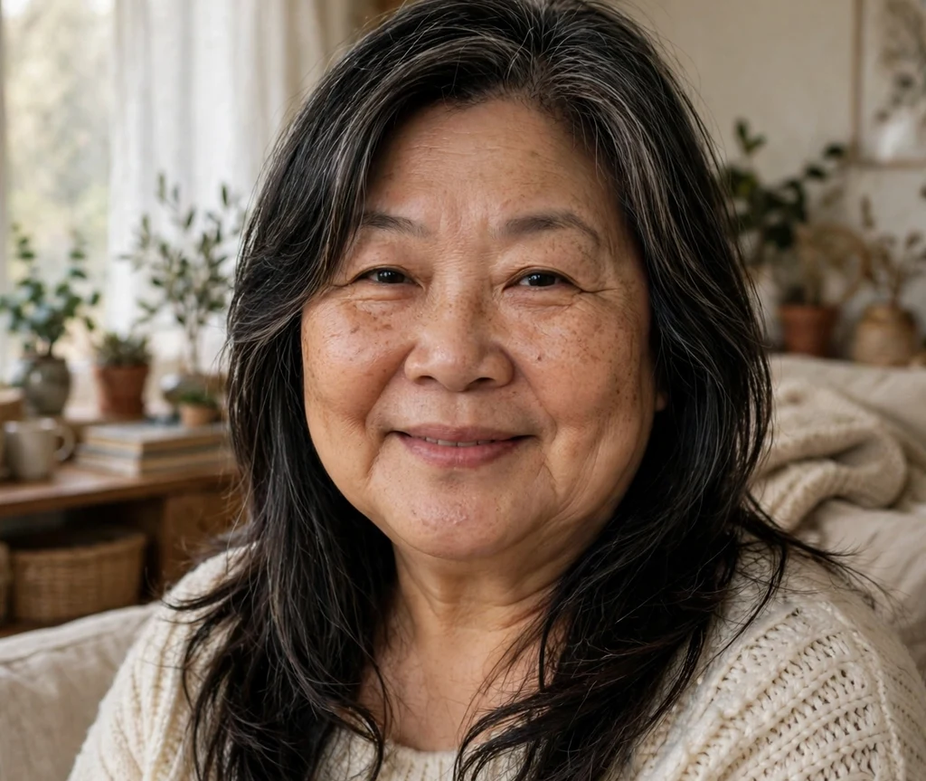 Face-framing long layers on a plus size woman over 50