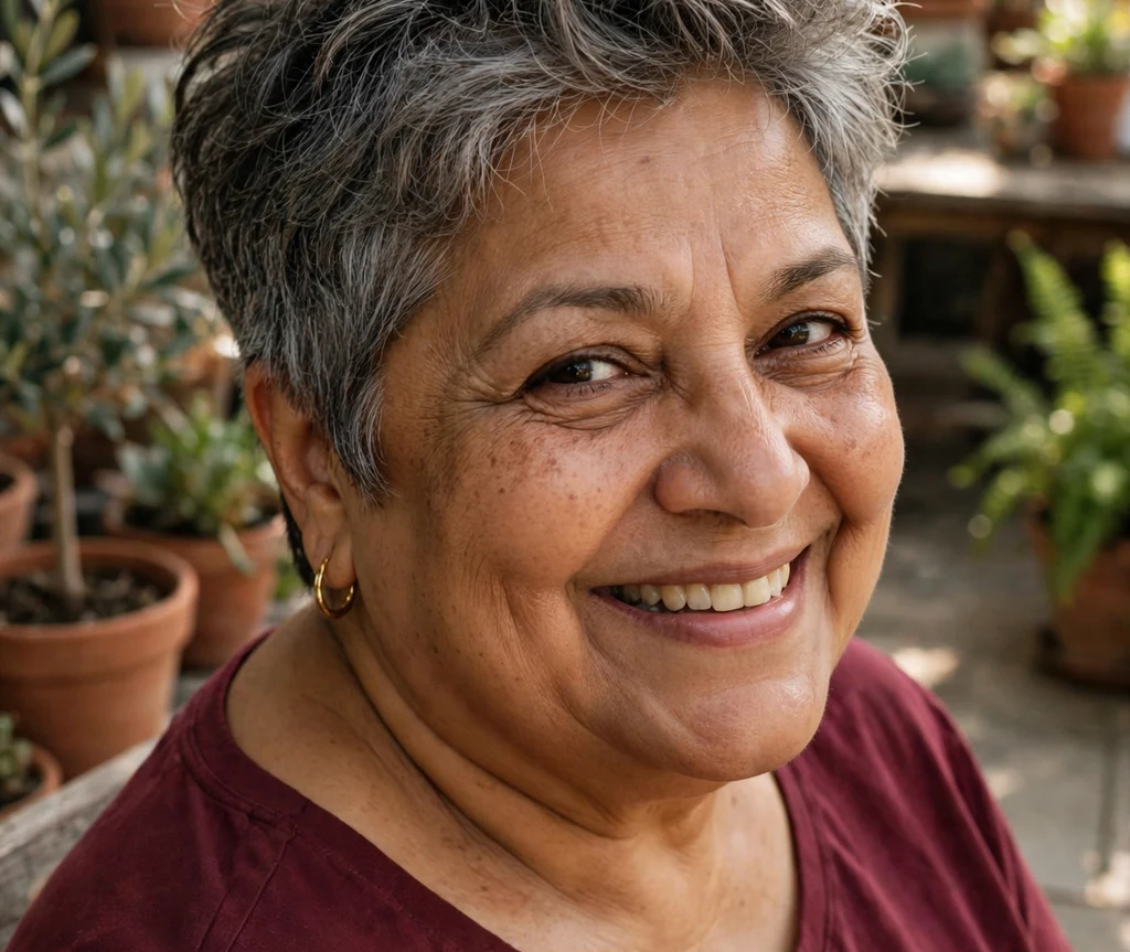 Textured pixie with lifted crown on a plus size woman over 50