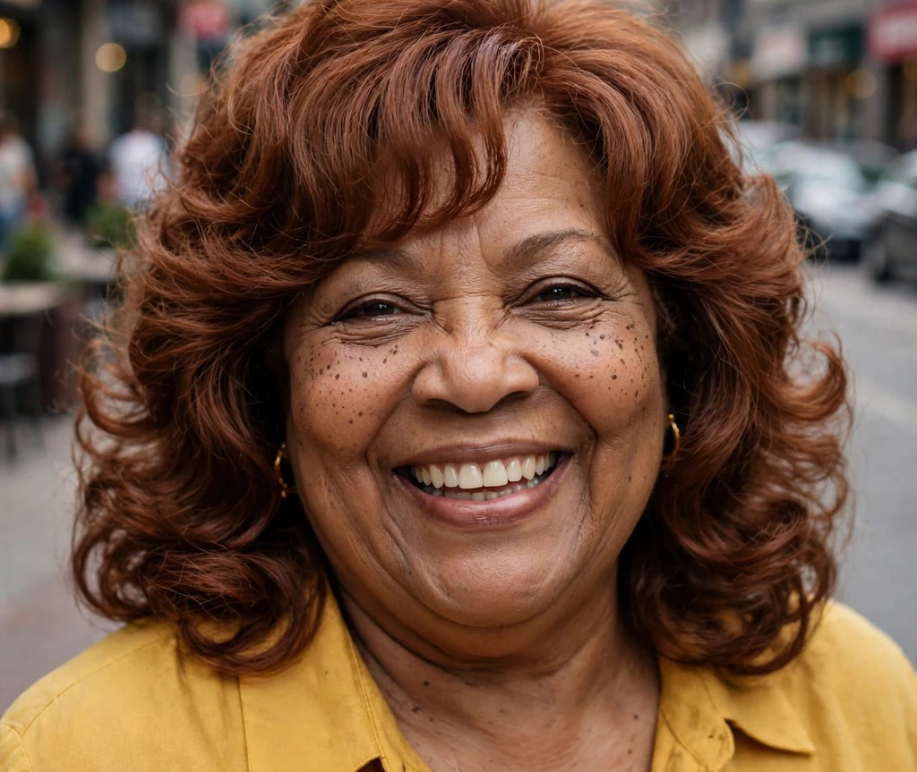 Bouncy blowout with curtain bangs on a plus size woman over 50
