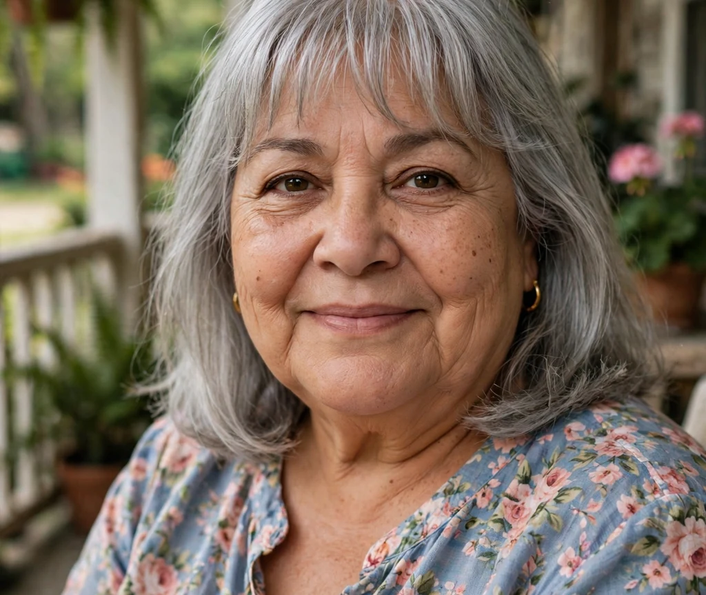 Long bob with wispy bangs on a plus size woman over 50
