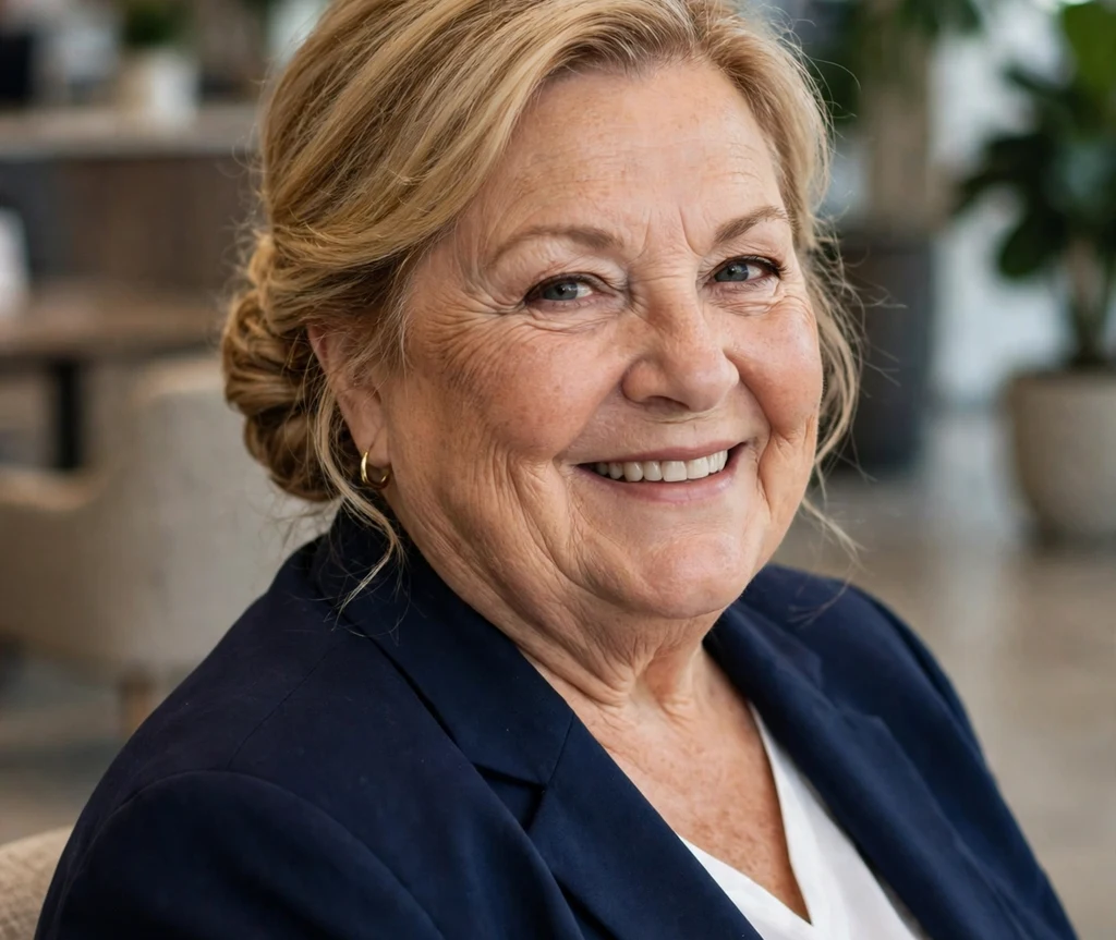 Elegant low chignon on a plus size woman over 50