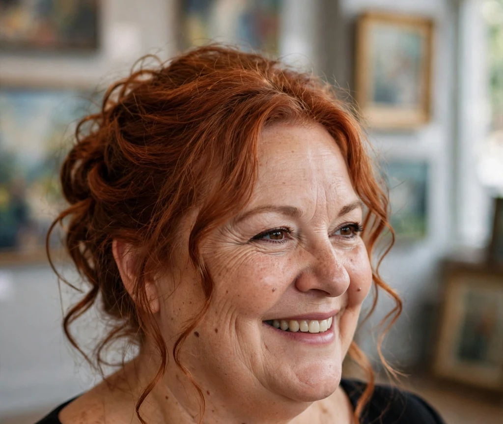 Romantic updo with face tendrils on a plus size woman over 50
