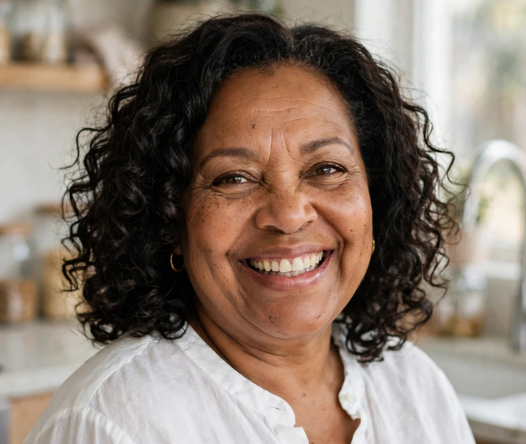 Curly shoulder-length cut on a plus size woman over 50