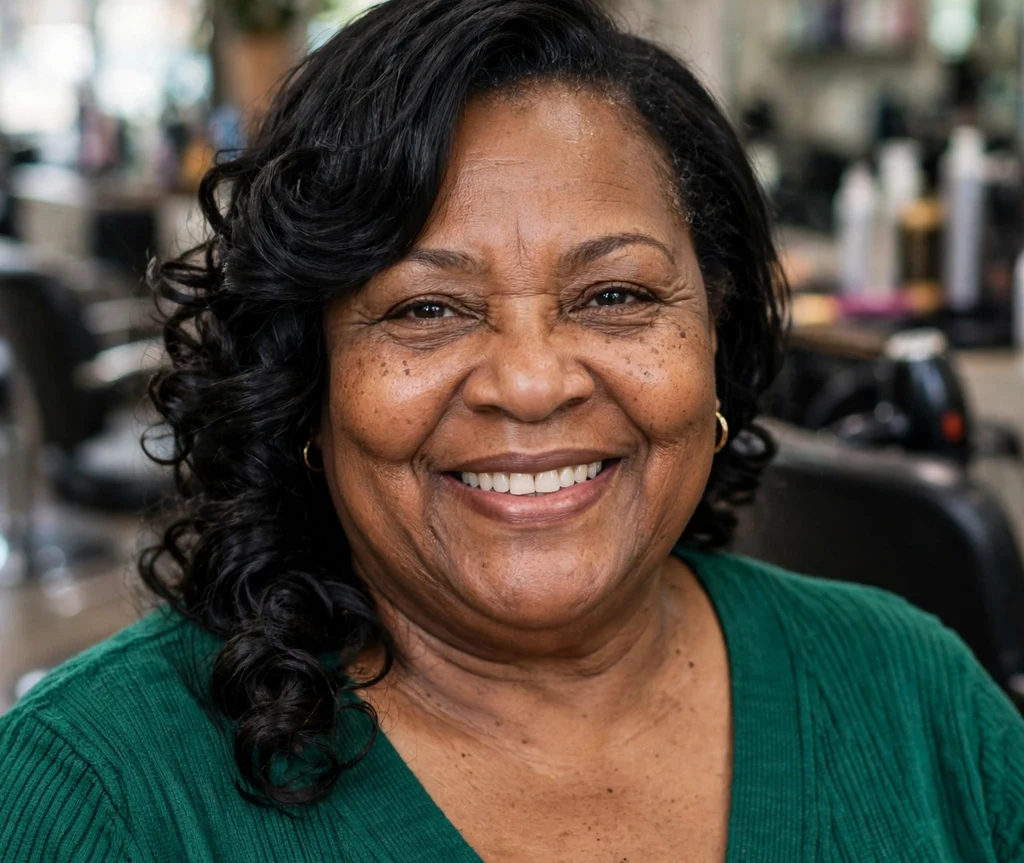 Soft curls with side sweep on a plus size woman over 50