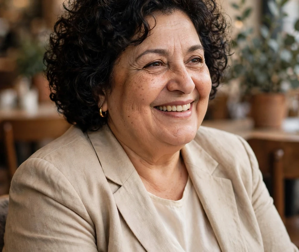 Voluminous short curls on a plus size woman over 50