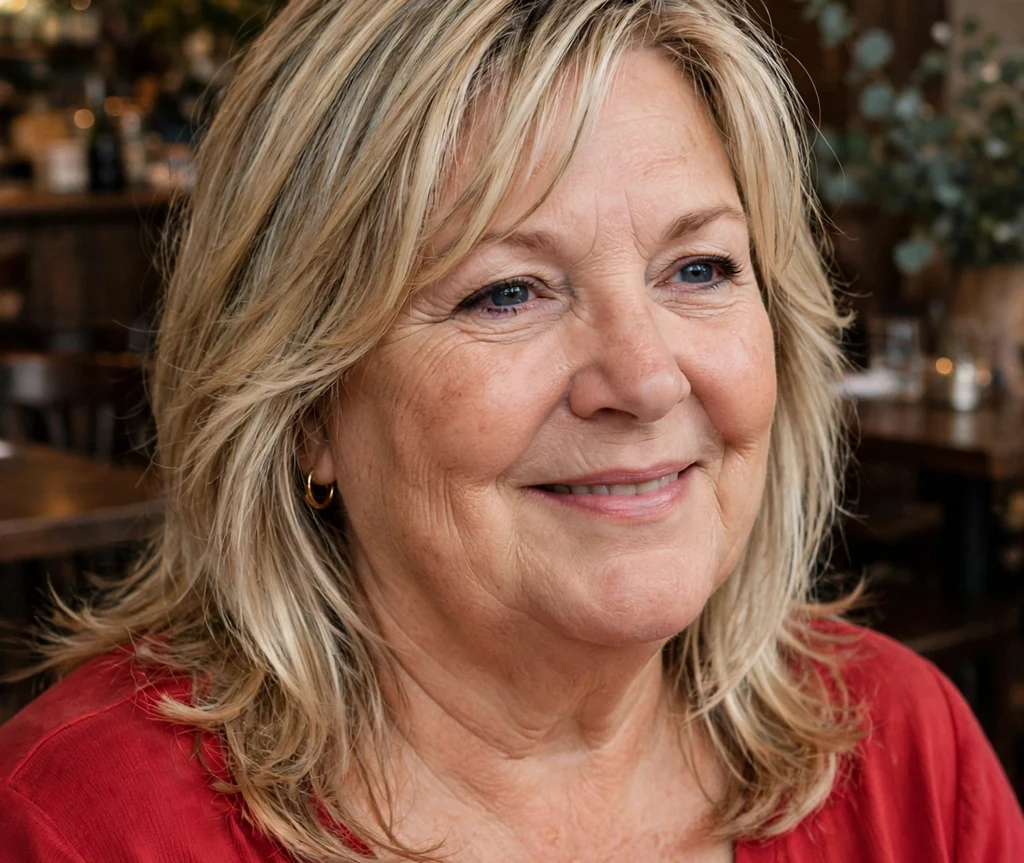 Face-framing layered lob on a plus size woman over 50