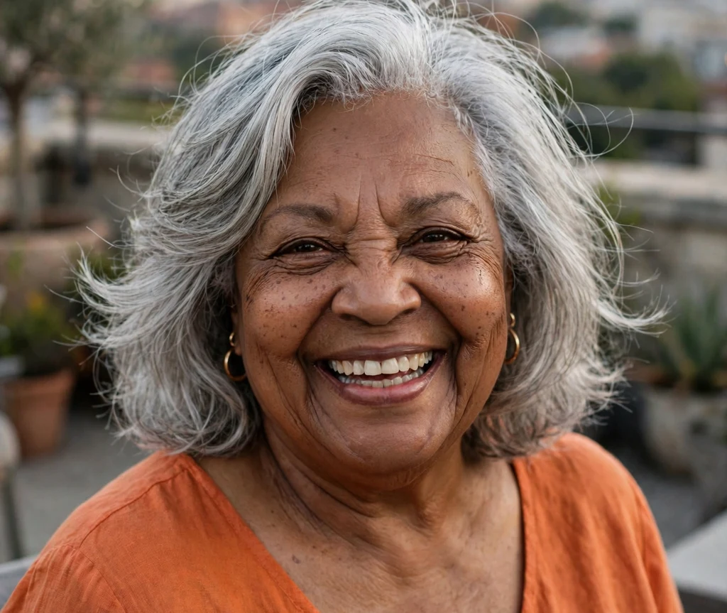Layered mid-length cut with movement on a plus size woman over 50