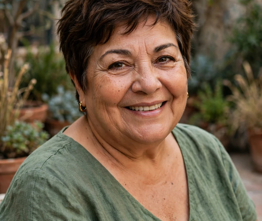Tousled pixie on a plus size woman over 50