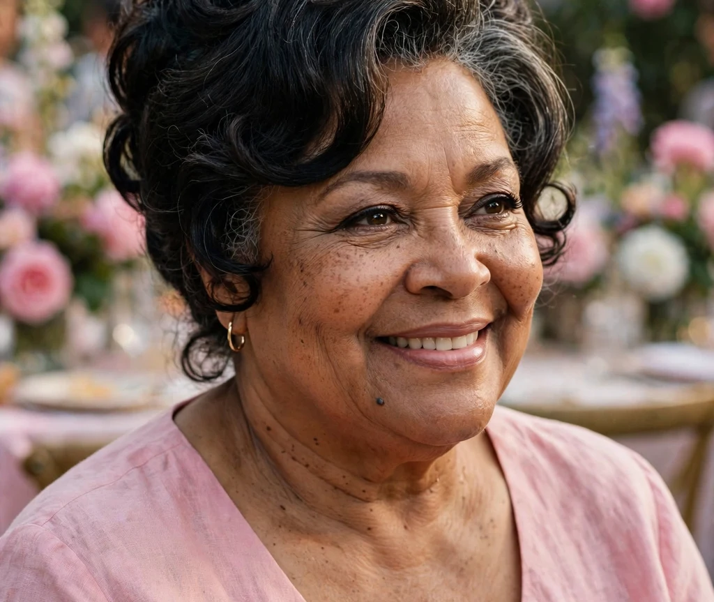 Soft bouffant updo on a plus size woman over 50