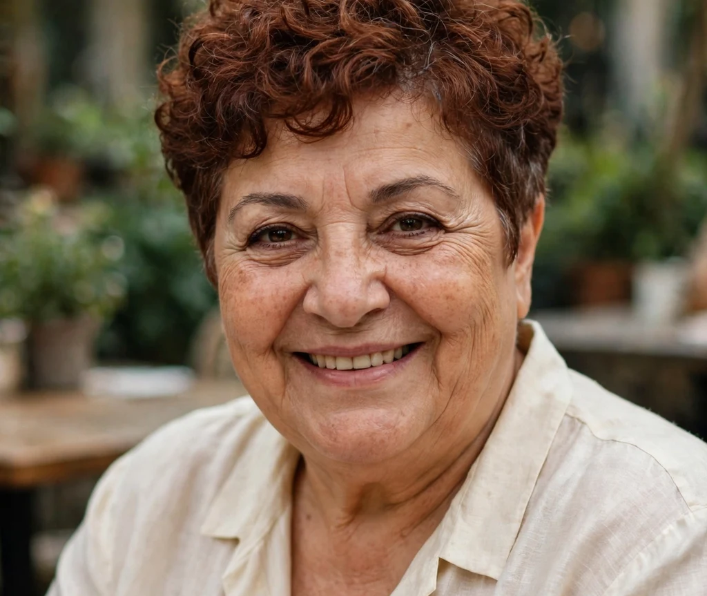 Curly pixie with tapered sides on a plus size woman over 50