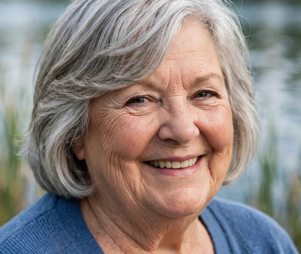 Side-swept bangs with layered bob on a plus size woman over 50